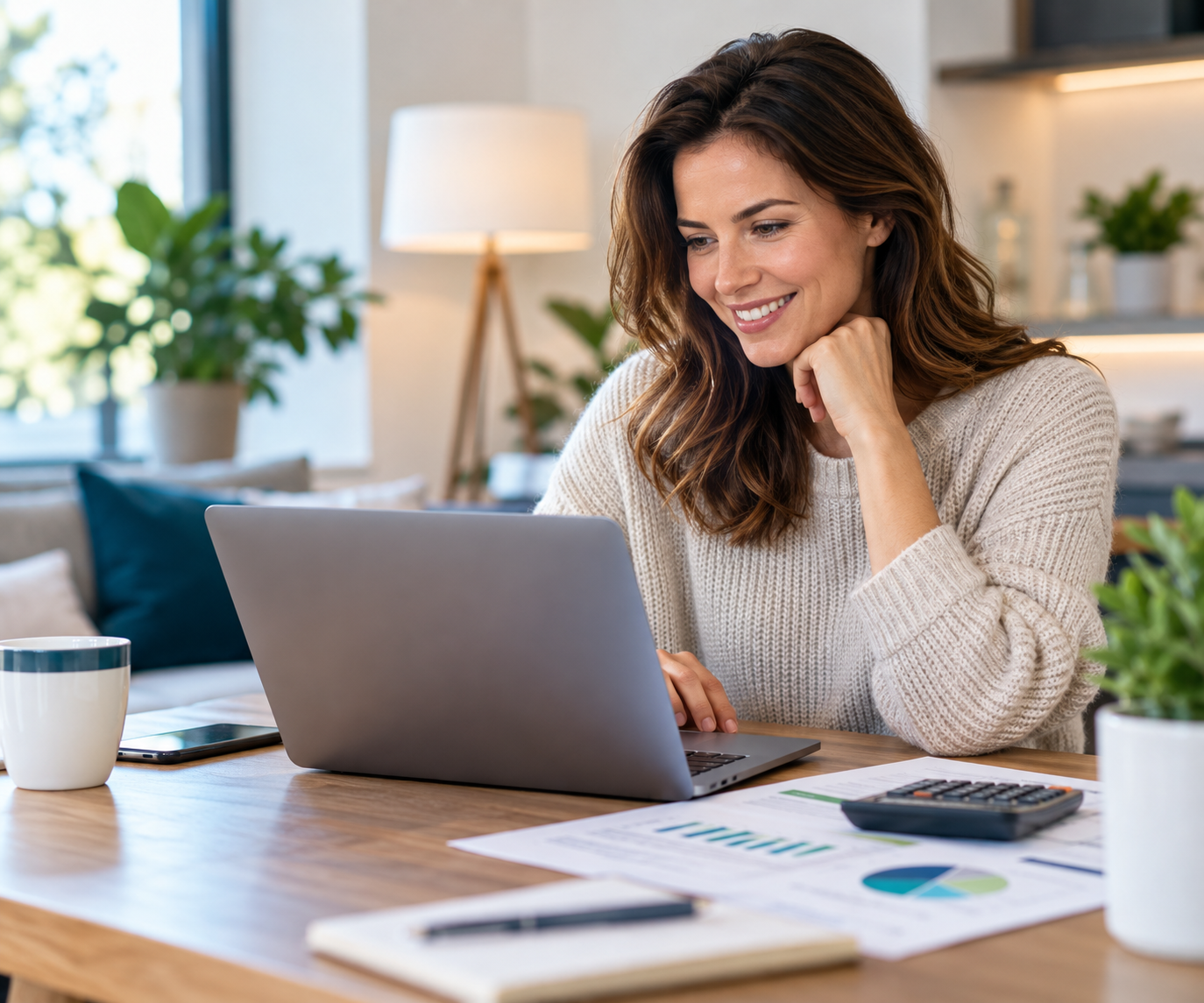 Frau prüft ihre Energiekosten am Laptop zu Hause Frau prüft ihre Energiekosten am Laptop zu Hause